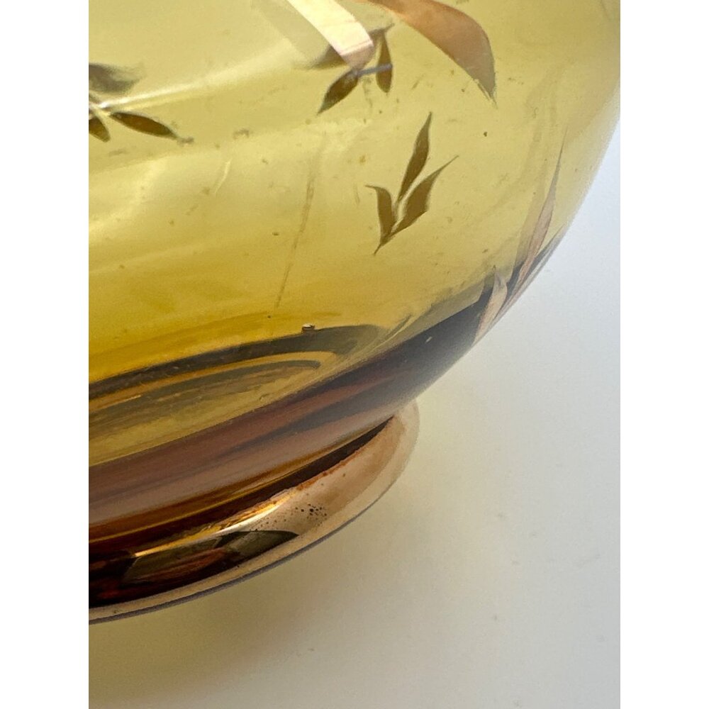 Vintage Roumania Amber Color Glass Jar Candy Dish Gold Trim Leaf Design European - Picture 10 of 11